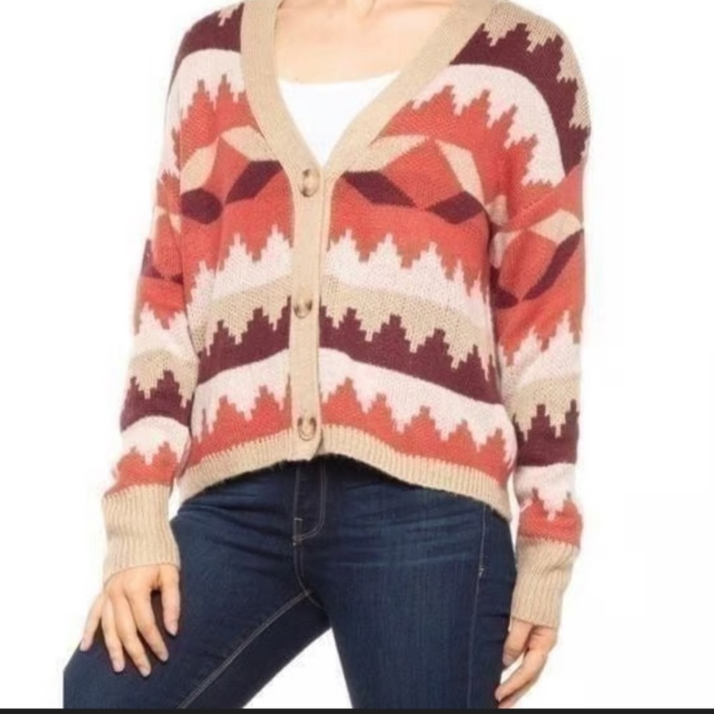 C.C California Women's Cardigan with Geometric Pattern - Tan, Brown, and Orange